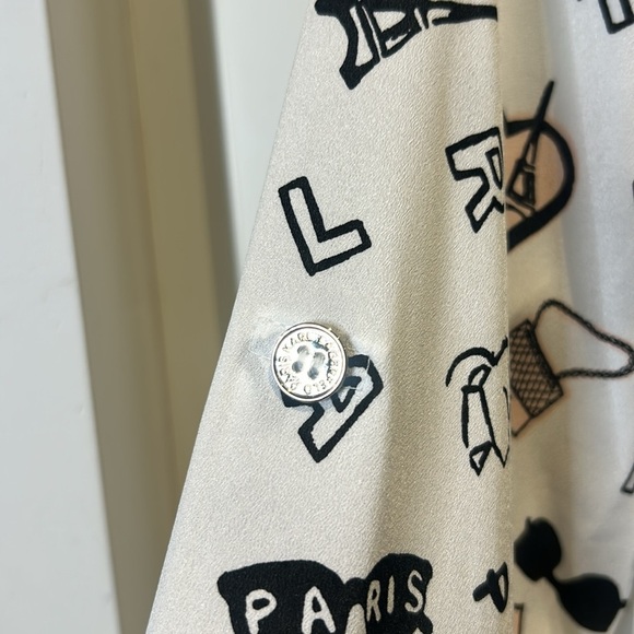 Karl Lagerfeld French Streets Roll Sleeve Button Down Blouse White & Black Sz M - Picture 6 of 17